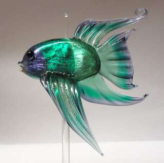 dcrowley lampwork glass Teal & Purple Foil Betta fish w/ display stand 