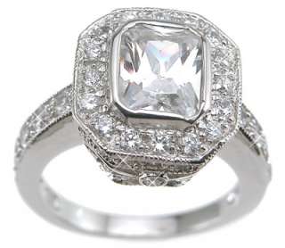 Sterling Silver Antique style 3 ct Diamonique CZ Engagement Ring size 