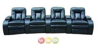 Lena Black Genuine Leather Home Theater Seating Row of 4 Seats New 