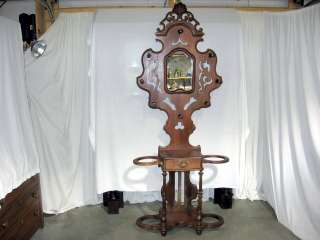 VICTORIAN HALL TREE W/DRAWER, MIRROR, UMBRELLA HOLDERS  