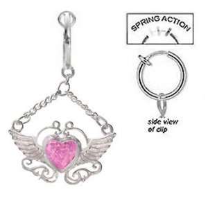 Fake Belly Navel Non Clip on Pretty Pink Heart w/ Swirl wings winged 
