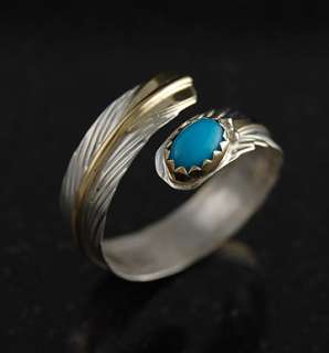   12KGF Turquoise Feather Adjustable Ring Native American Navajo  