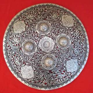 TRADITIONAL SILVER BIDAREE WORK SHIELD ARMOUR INDIAN  