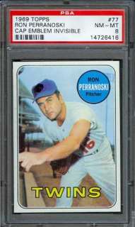   1969 topps 77 ron perranoski twins psa 8 cap emblem on hat invisible