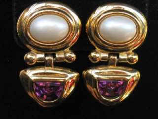 Joan Rivers Faux Pearl & Amethyst Rhinestone Dangle Earrings BEAUTIFUL 