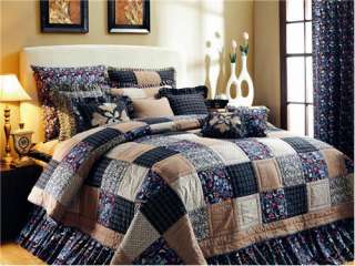 INDIGO PATCH KING Size Quilt 4 Piece Set Shams Skirt Country Blue Navy 