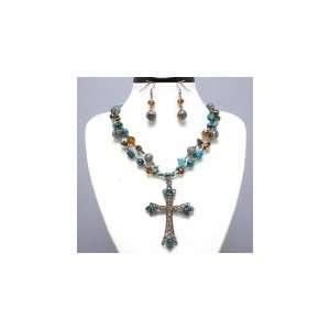  Hematite/ Teal/ Brown (Turquoise) Cross Necklace 