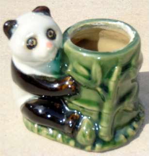 Glazed Asian Panda Bear w/ Bamboo Ceramic Vase Planter  