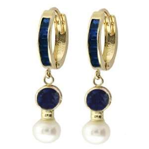   14k Gold Hoop Huggie Earrings with Genuine Pearls & Sapphires Jewelry
