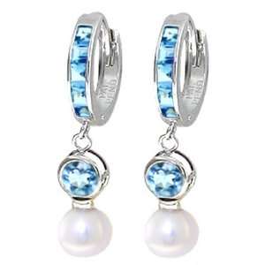    14k White Gold Blue Topaz Huggie Earrings with Pearls Jewelry