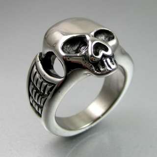   Duty Biker Mens Bold Black Silver Stainless Steel Skull Ring  
