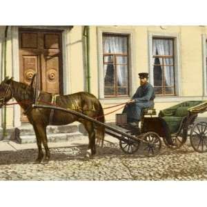 Open Horse Drawn Coach Standing in the Street, with a Coachman Holding 