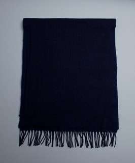 Zegna dark navy wool striped edge fringe scarf