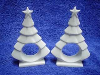 E196   2 Ceramic Bisque Christmas Tree Napkin Rings  