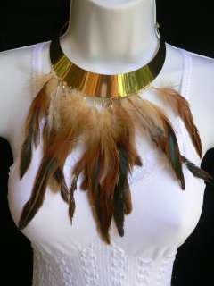 NEW WOMEN VINTAGE NECKLACE & EARRINGS GOLD CHOKER METAL BROWN FEATHERS 