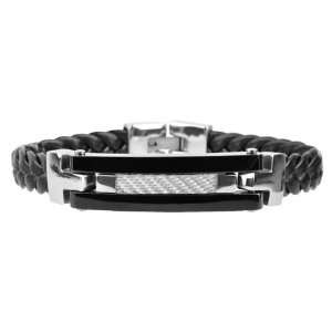 Leather Bracelet Fold Over Clasp With Grey Carbon Fiber Inlaid In The 