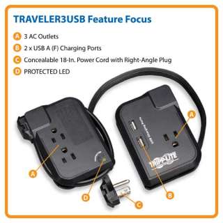  Tripp Lite TRAVELER3USB Mobile Surge Protector 3 outlets 2 