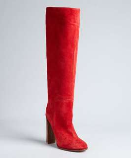 Celine red suede stacked heel tall boots