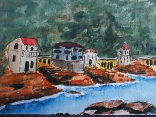 ORIGINAL WATERCOLOR PAINTING FRENCH SEASIDE VILLAGE  