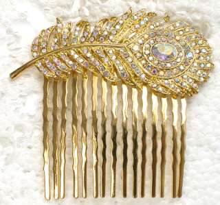 AB PEACOCK FEATHER HAIR COMB for Bridal Wedding E132  