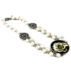   Rose Flower Charm Necklace on Multi Pearl Chain Antique Silver Accents
