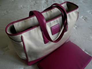   WHITE TWILL PUNCH PINK LEATHER TRIM MULTIFUNCTION BABY DIAPER TOTE BAG