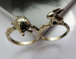Vintage Lovely Tortoise and Hare Rabbit Double Finger Ring JR148 