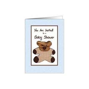 Neutral Baby Shower Invitation   BrownTeddy Bear   Quilt Style Card