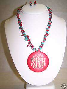 Engraved Red & Turquoise stone monogrammed necklace set  