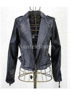   Korea Style Armour Lapel Collar Denim Faux Leather Coat Jacket  