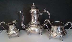 ANTIQUE SHEFFIELD HAND CHASED SILVERPLATE TEA POT SET  