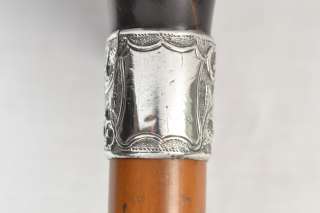   Repousse Solid Silver & Cow Horn Malacca Cane Walking Stick Cane 1890