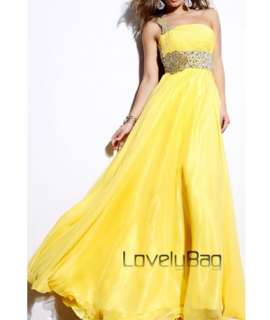 2012 Yellow Organza Beaded Empire One shoulder Formal Prom Gown 
