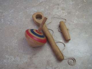 Antique VTG WOODEN SPINNING TOP TOY w/Handle & String  