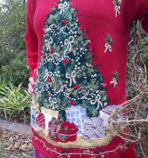 Ugly Christmas Sweater Red Knit Tree Gold Lame Red Roses Pearls 