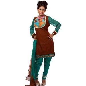   Green Choodidaar Suit with Patchwork on Neck   Cotton 