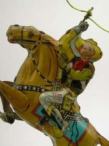 Vintage Tin Litho Wind Up Toy Cowboy with Horse Lasso Made in Japan 