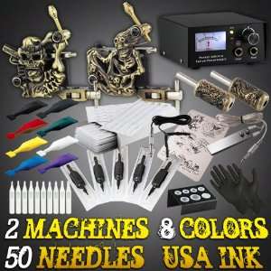 NEW 2 Guns Complete Tattoo Starter Kit   Power Supply, 8 Color MOMS 