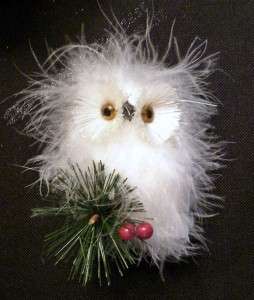   Wuzzy Poofy Lil White Snowy Barn Owl Feather Tree Christmas Ornament