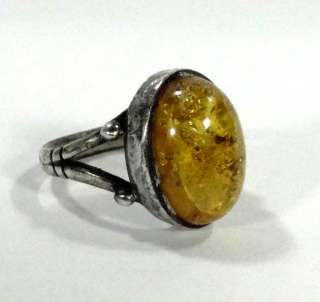 IMPERIAL RUSSIAN RUSSIA STERLING SILVER&HONEY AMBER CABOCHON BEAD RING 