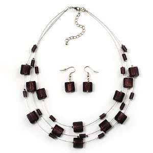  3 Strand Purple Glass Bead Wire Necklace And Drop Earring 